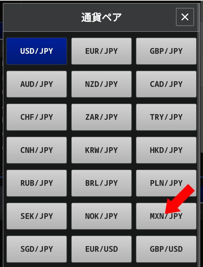 SBI FXポイ活1万通貨取引のやり方画像5 【MXN/JPY】（メキシコペソ/円）をクリック